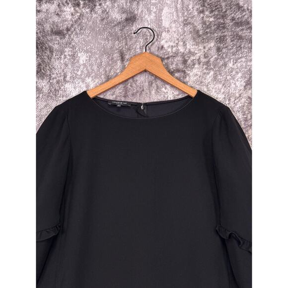 Lafayette 148 Dress Large Womens Black Crepe Ruffle Sleeve Detail Shift - Picture 2 of 8